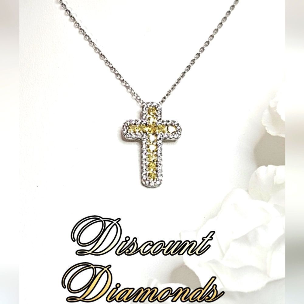 Clear White Baguette & Yellow Diamond Cross Pendant Necklace 925 Sterling Silver